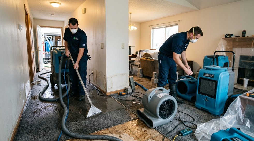 Technicians extracting water and drying carpet in a flooded home with restoration fans and dehumidifiers