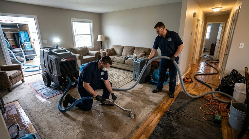 Technicians removing water from wet living room carpet with extraction hoses and drying equipment after flooding