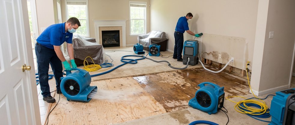 Technicians drying water-damaged living room with air movers and dehumidifiers after flood damage